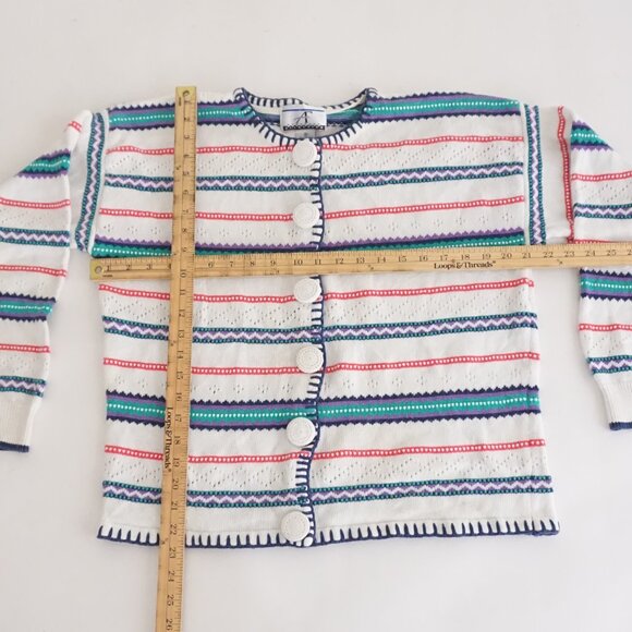Vintage Accordéon White Knit Multicolour Striped Button Cardigan Eclectic M - Picture 3 of 10
